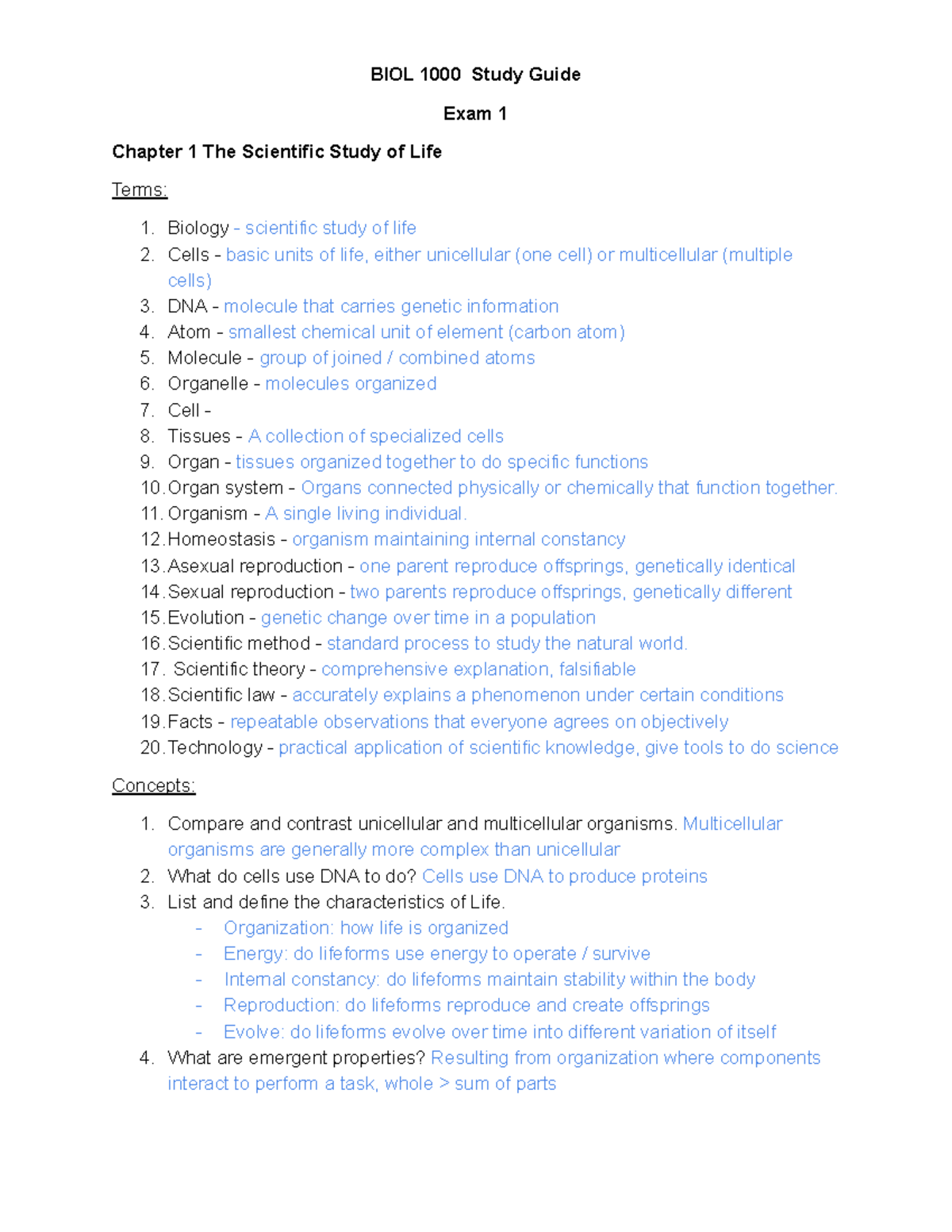 BIOL 1000 Study Guide: Exam 1 Overview & Key Concepts - Studocu