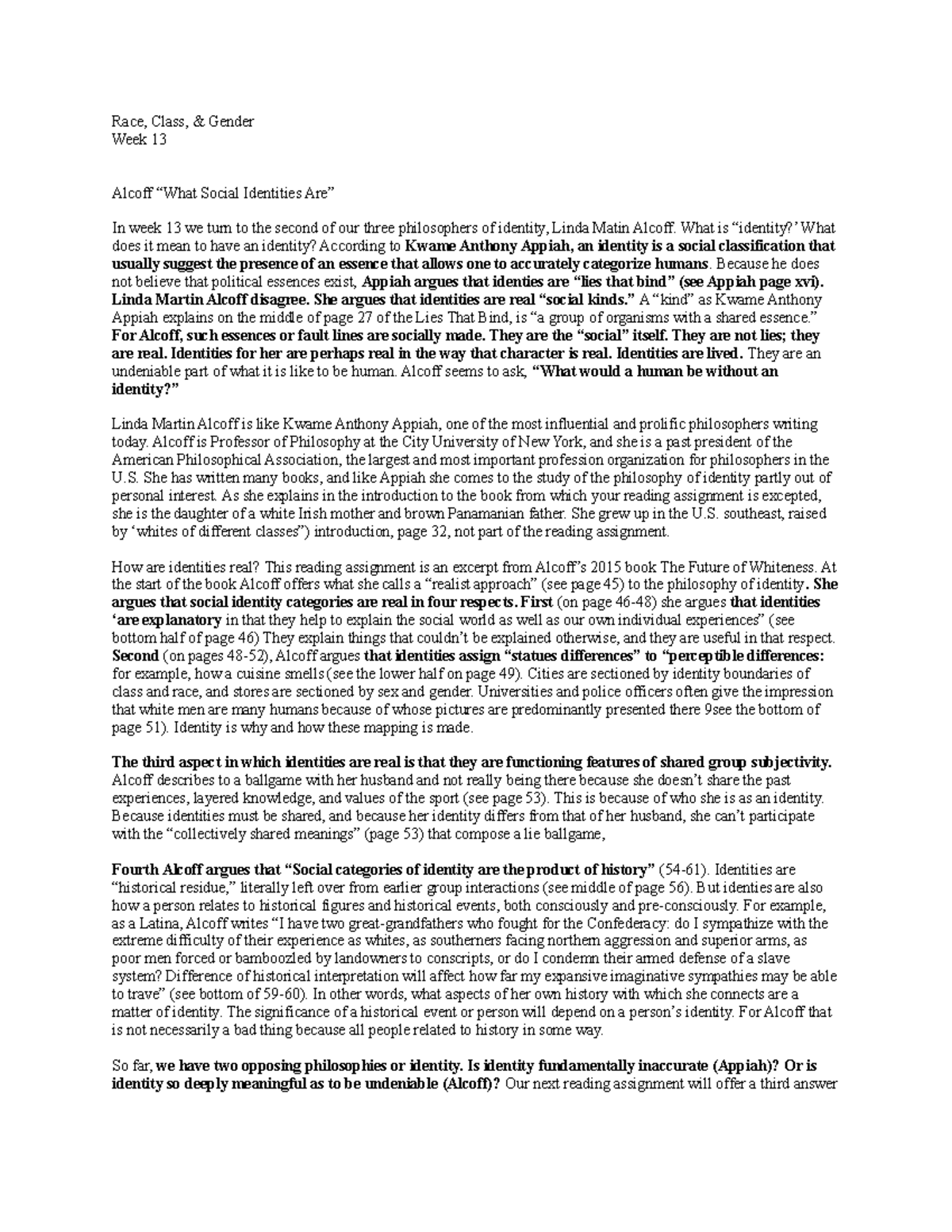 Race, Class, & Gender - Week 13 - Race, Class, & Gender Week 13 Alcoff ...