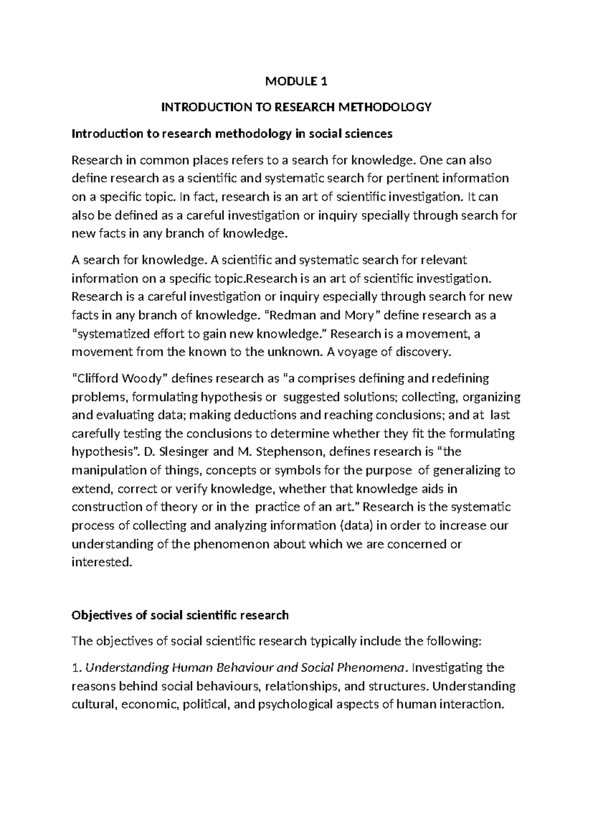 RM Module 1 - notes - MODULE 1 INTRODUCTION TO RESEARCH METHODOLOGY ...