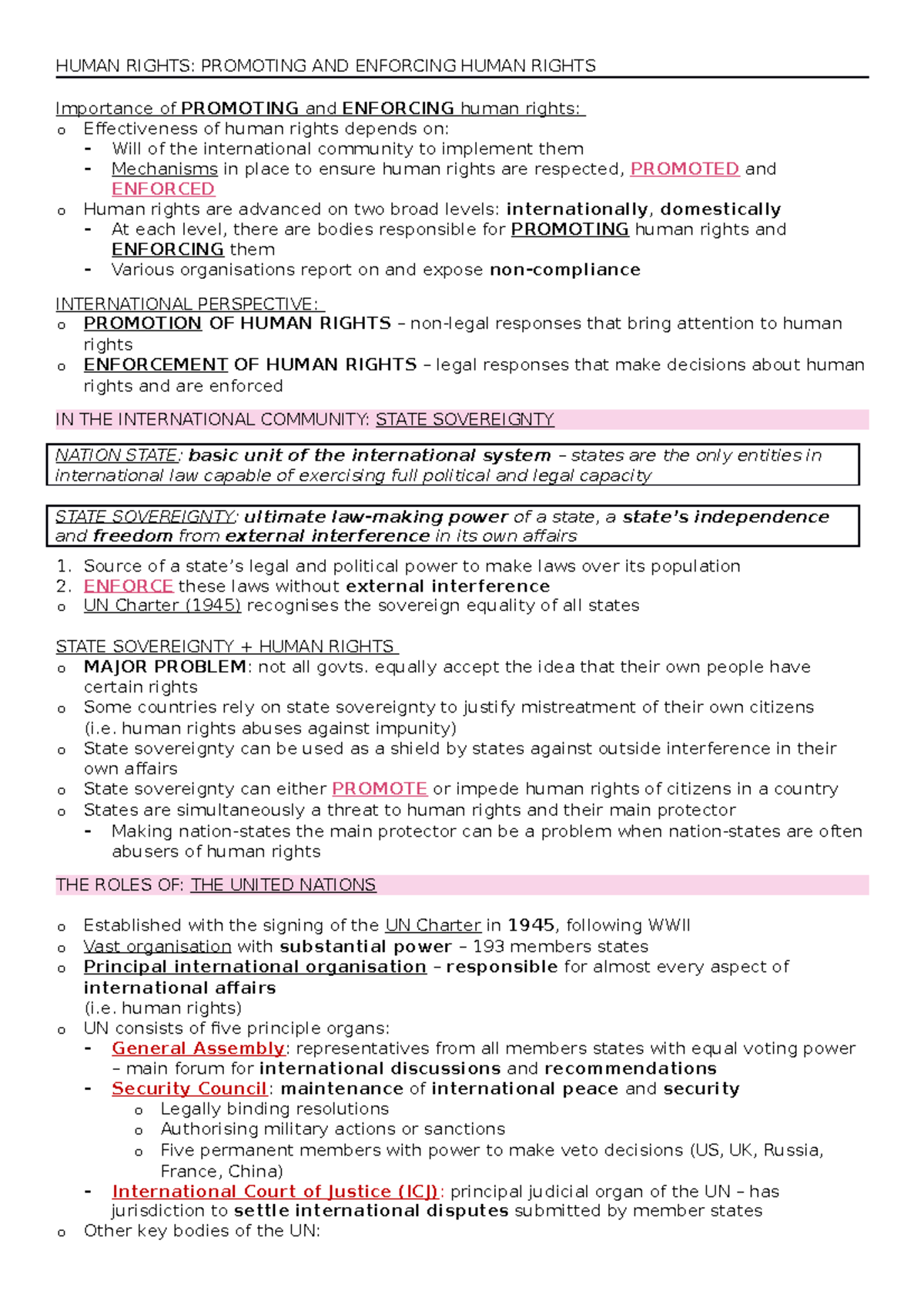 HSC Legal Studies Notes - human rights II - HUMAN RIGHTS: PROMOTING AND ...