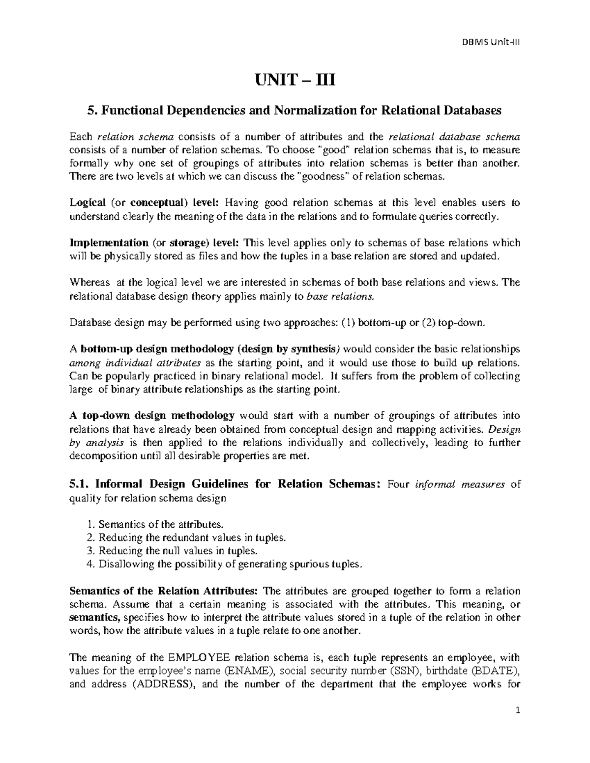 DBMS UNIT 5: Functional Dependencies & Normalization in Relational ...