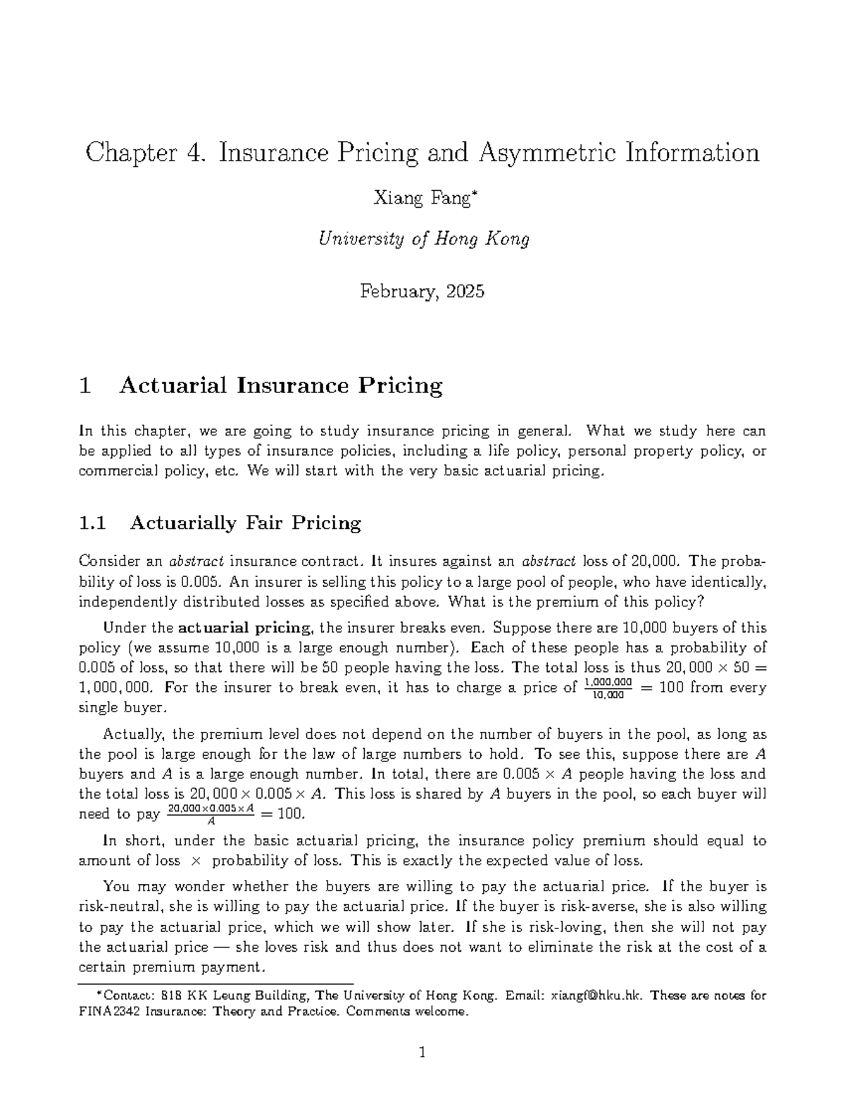 Chapter 4: Insurance Pricing & Asymmetric Info - FINA2342 Notes - Studocu