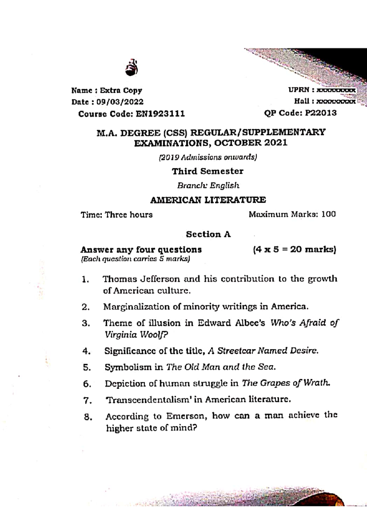 American lit qnpaper - Question paper - Name : Extra Copy UPRN : Date ...