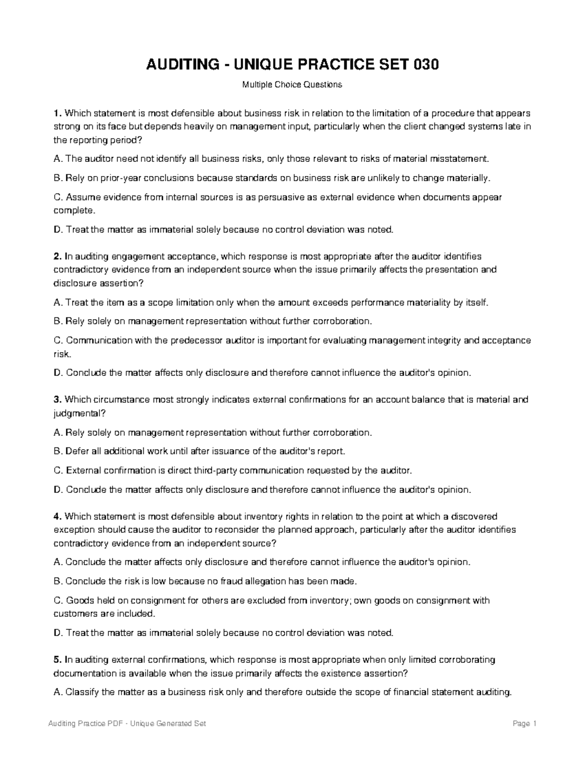 Auditing Practice Set 030: Multiple Choice Questions and Answers - Studocu