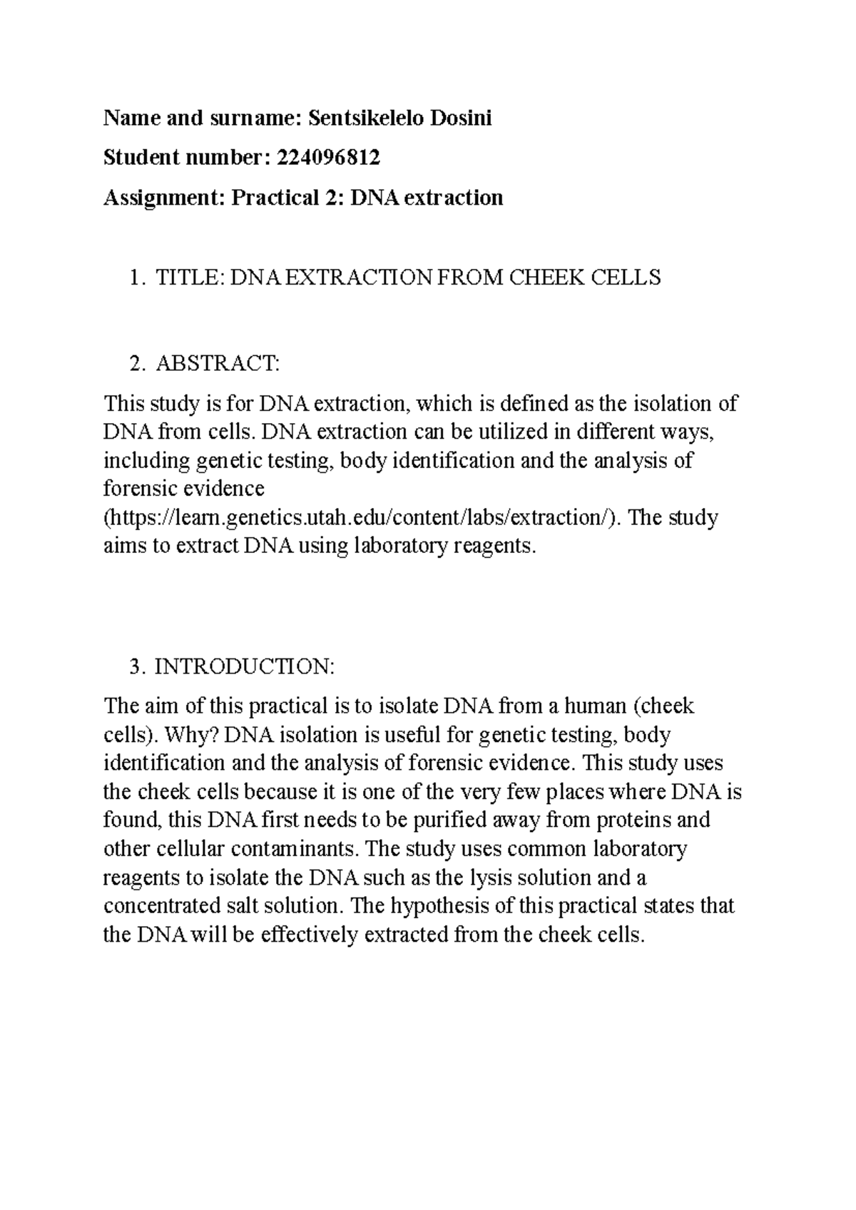 GENE240 Practical Report: DNA Extraction from Cheek Cells - Studocu