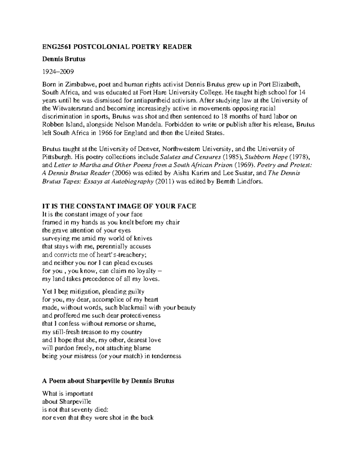 ENG 2561 Course Reader: Analyzing Poems of Postcolonial Poets - Studocu