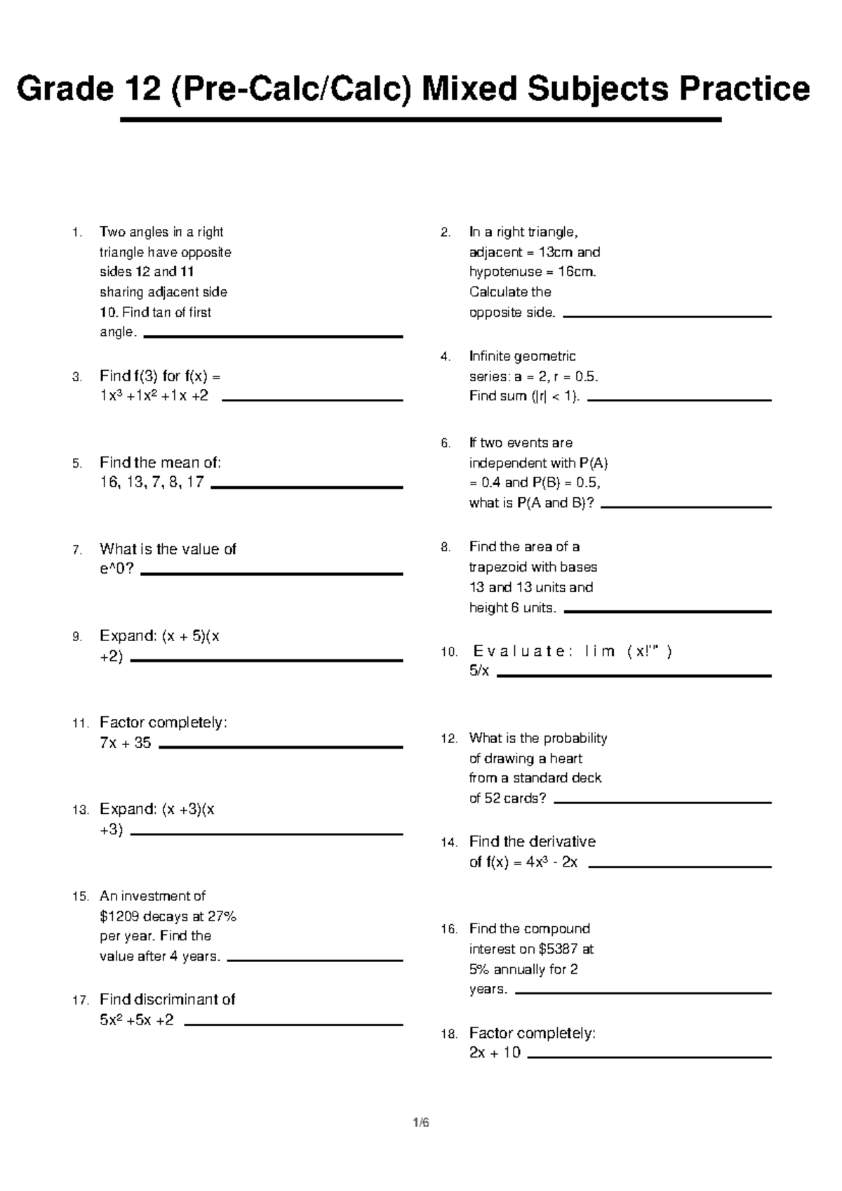 Grade 12 Math (Calc) Mixed Subjects Practice 1 - Studocu