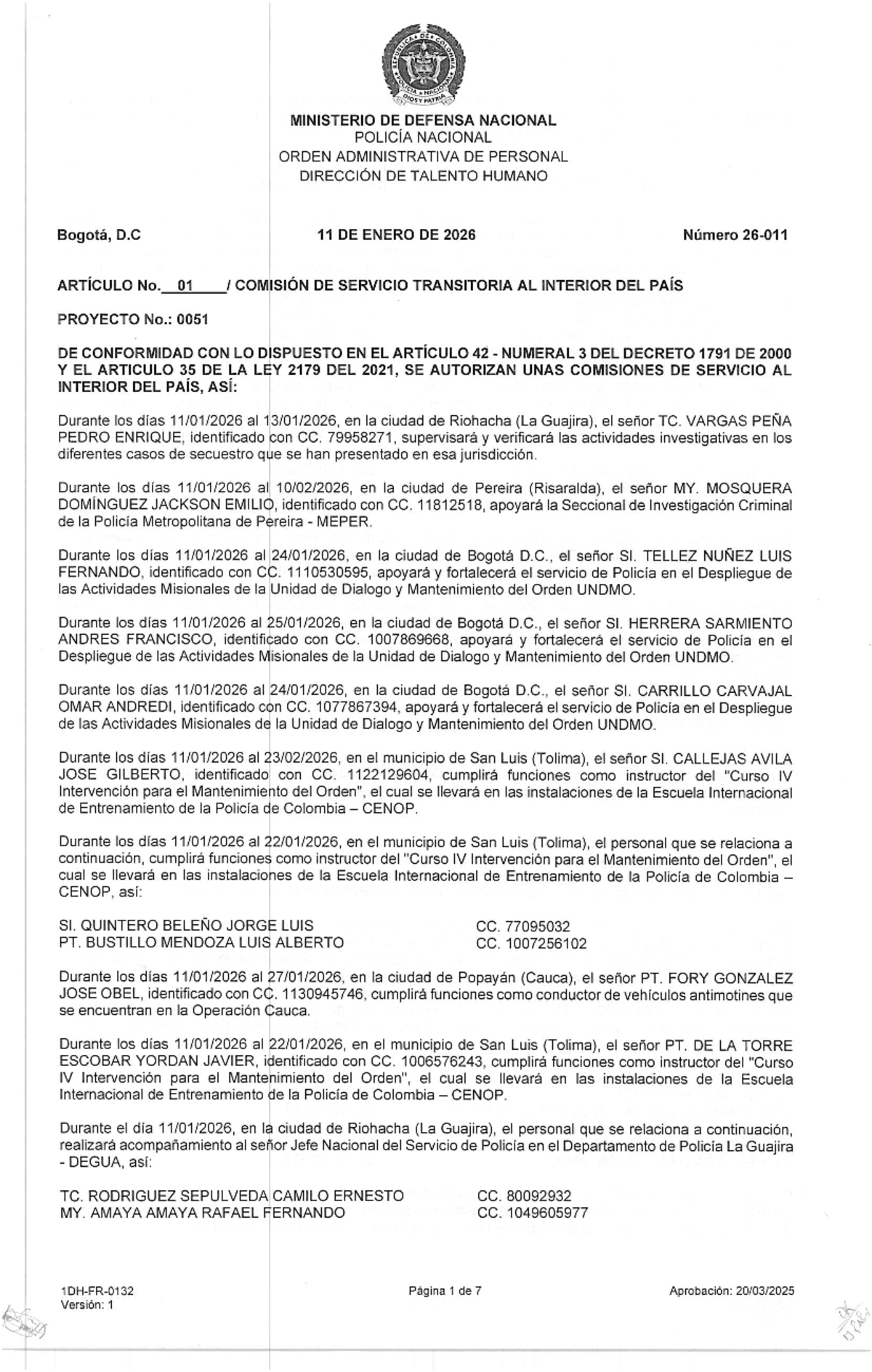 OAP 26-011: Orden Administrativa de Personal - Comisiones de Servicio ...
