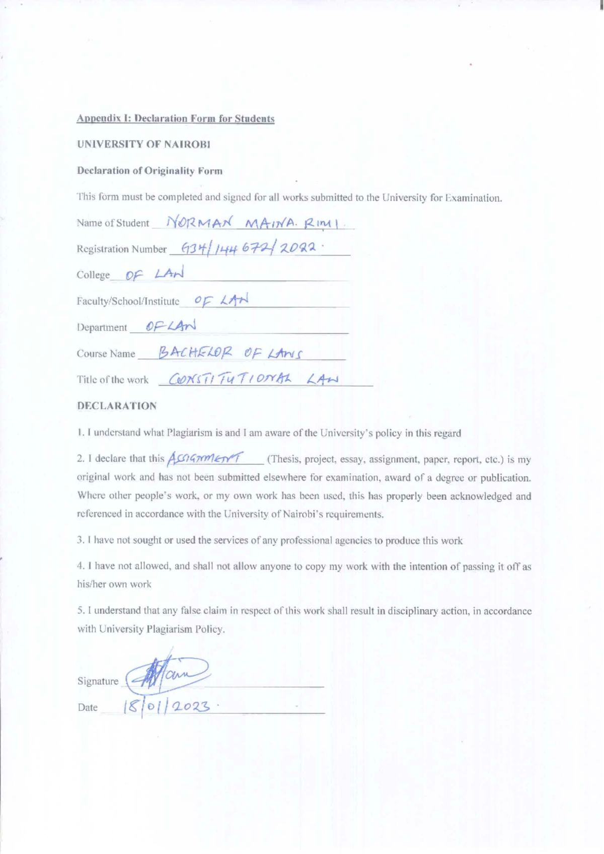 Appendix I: Declaration Form for LAW 101 Constitutional Law Assignment ...