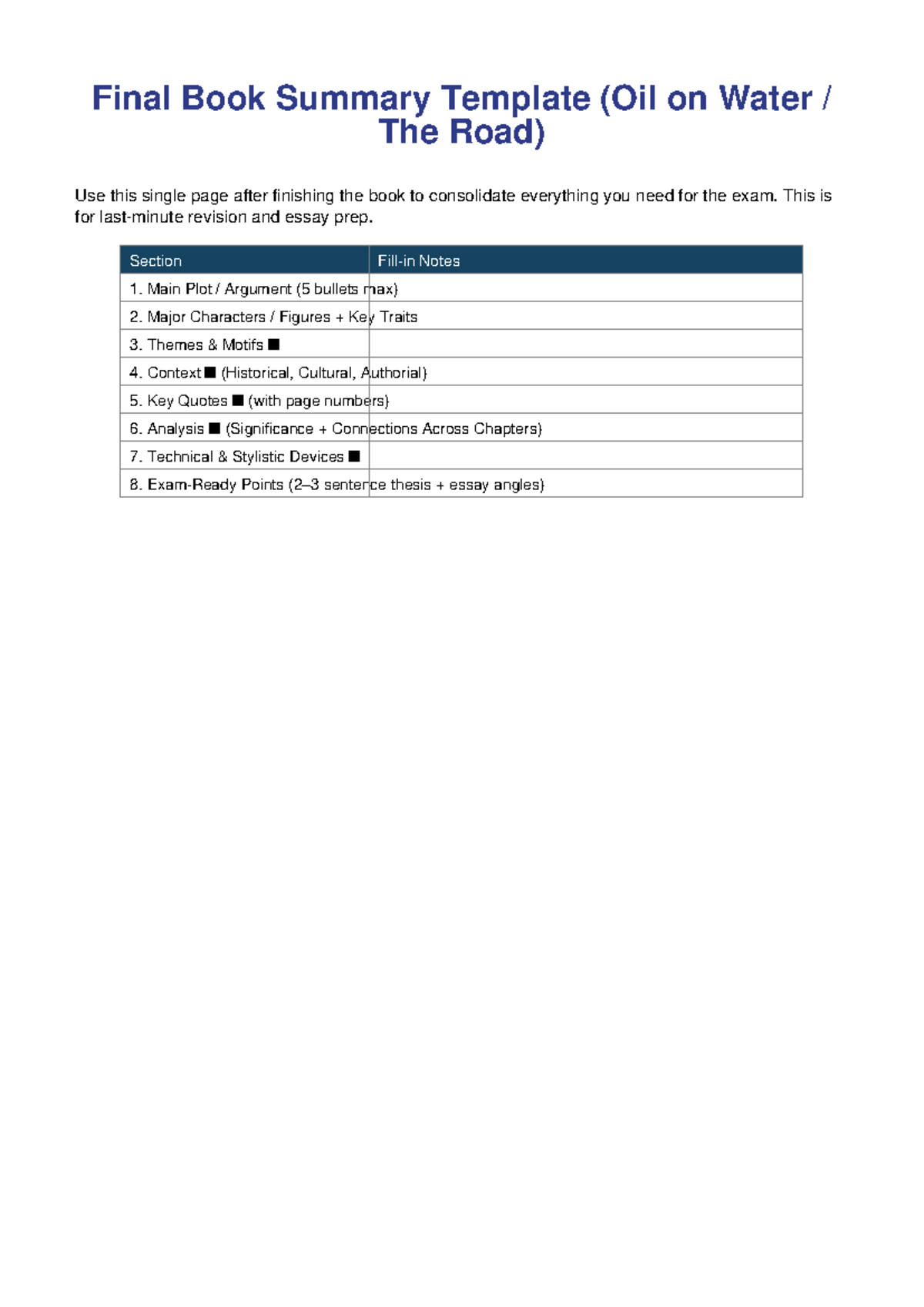 Final Book Summary Template - This is for last-minute revision and ...