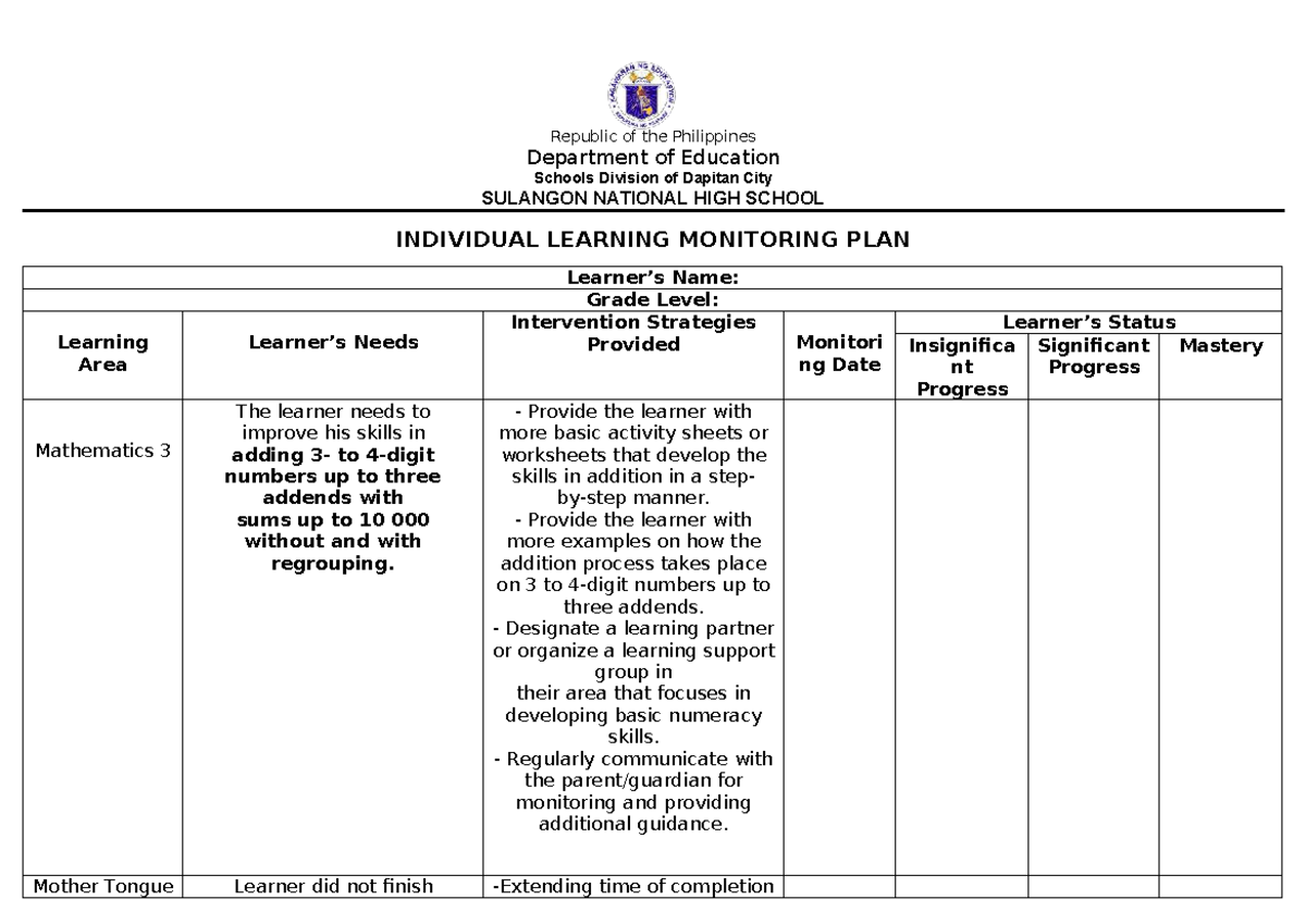 Individual Learning Monitoring Plan for Mathematics 3 - Studocu