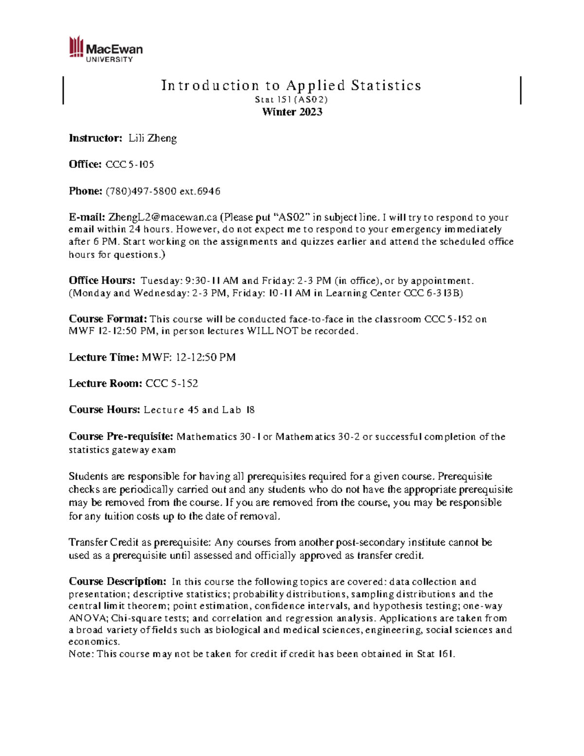 Course Outline for STAT151 AS02 - Introduction to Applied Statistics ...