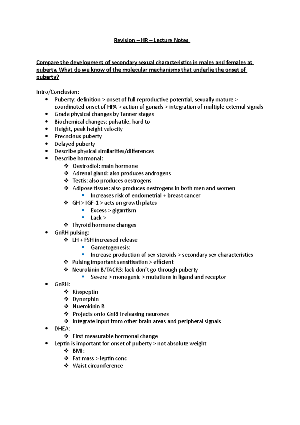 Revision – HR – Lecture Notes: Puberty Mechanisms & GnRH Roles - Document Preview