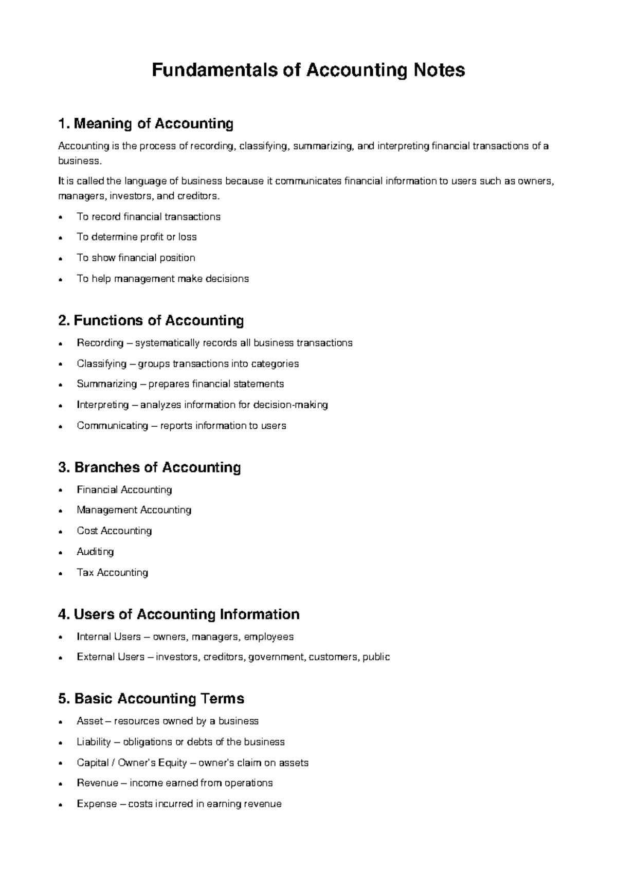 Fundamentals of Accounting Notes: Key Concepts and Principles - Studocu