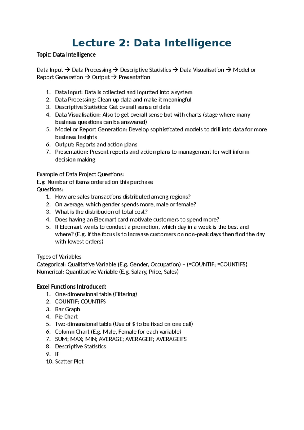 Chapter 2 Notes: Data Intelligence Overview and Techniques - Studocu