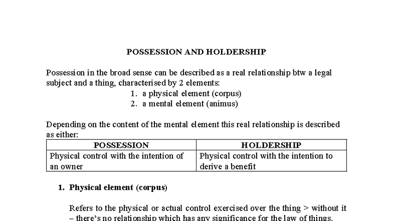 POS 101: Possession and Holdership Notes for Legal Studies - Studocu