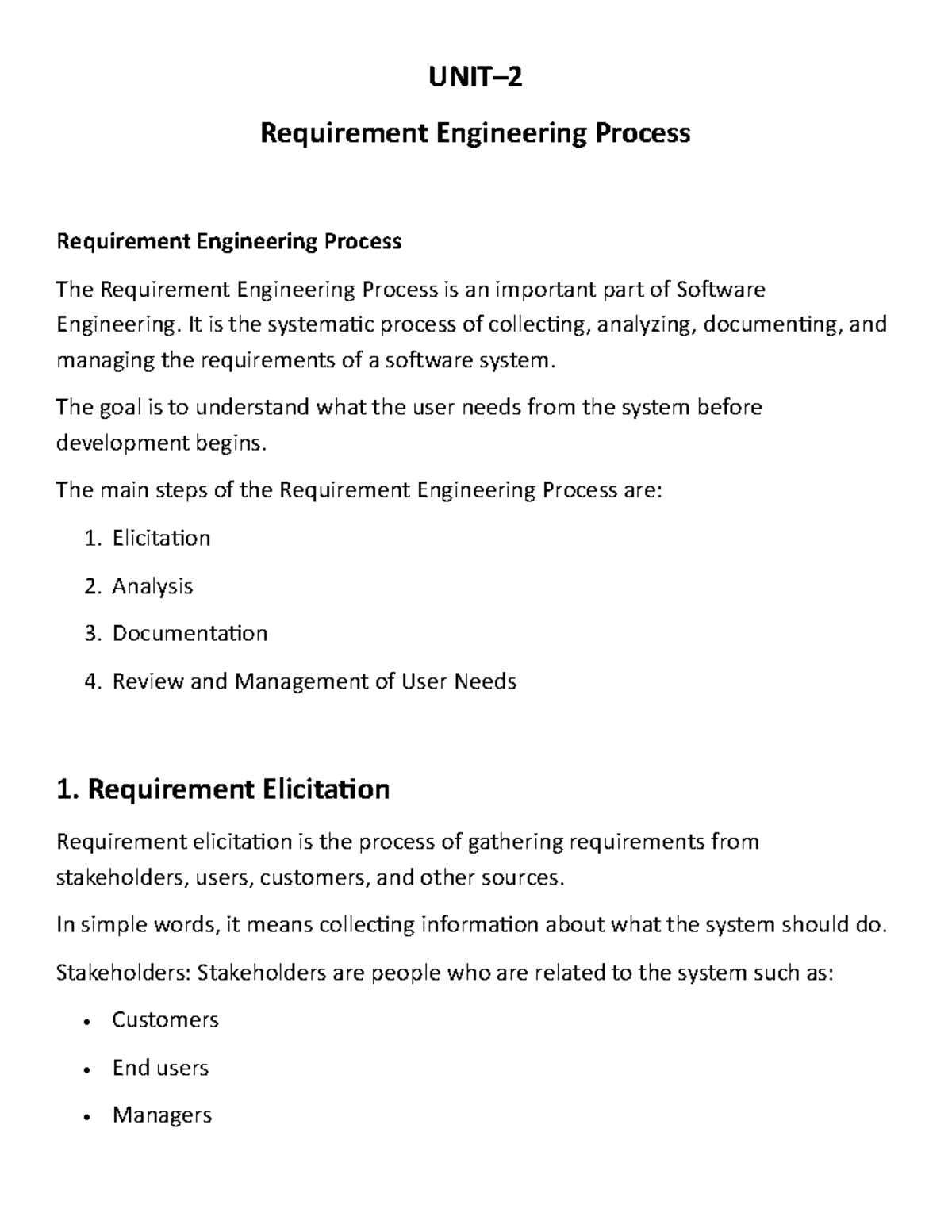 Software Eng (SE) Unit-2: Requirement Engineering Process Notes - Studocu