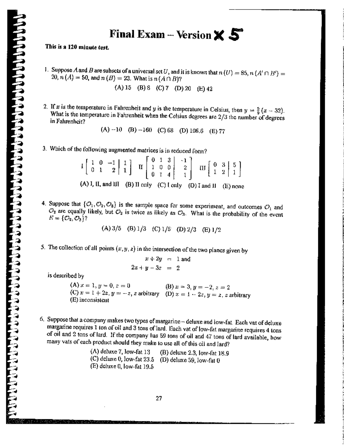 Sample Final V5 - Final Exam Version x 5 This is a 120 minute test. 1 ...