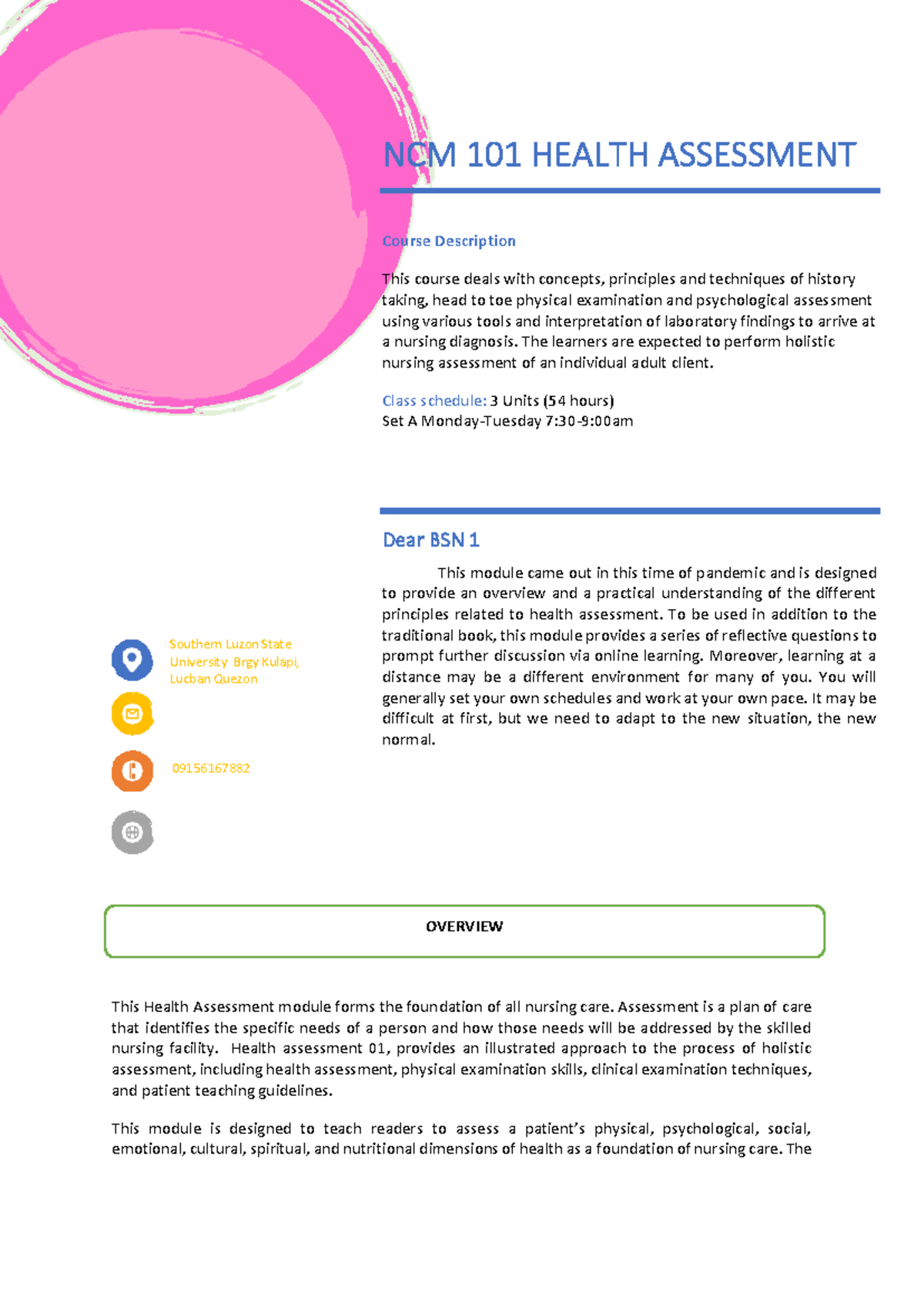NCM 101 Health Assessment - Overview & Key Learning Objectives - Studocu