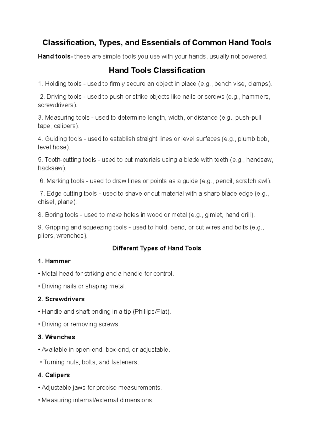 Classification and Essentials of Common Hand Tools Notes - Studocu