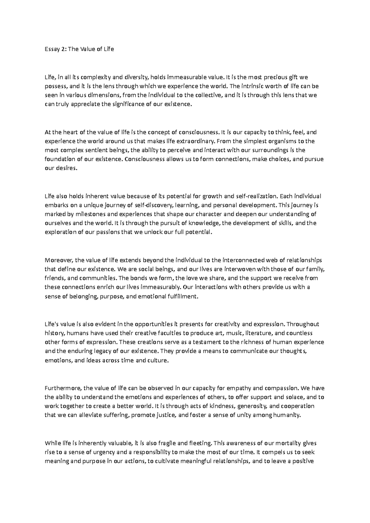 Essay 1 - The Value of Life and Its Impact on Existence - Studocu