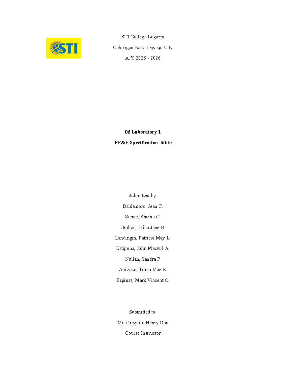 FFE 2025-2026 Laboratory 1 Specification Table - Studocu