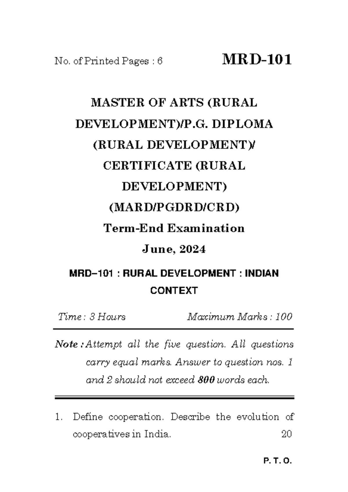 MRD-101 - Rural Development Exam Paper - June 2024 - Studocu