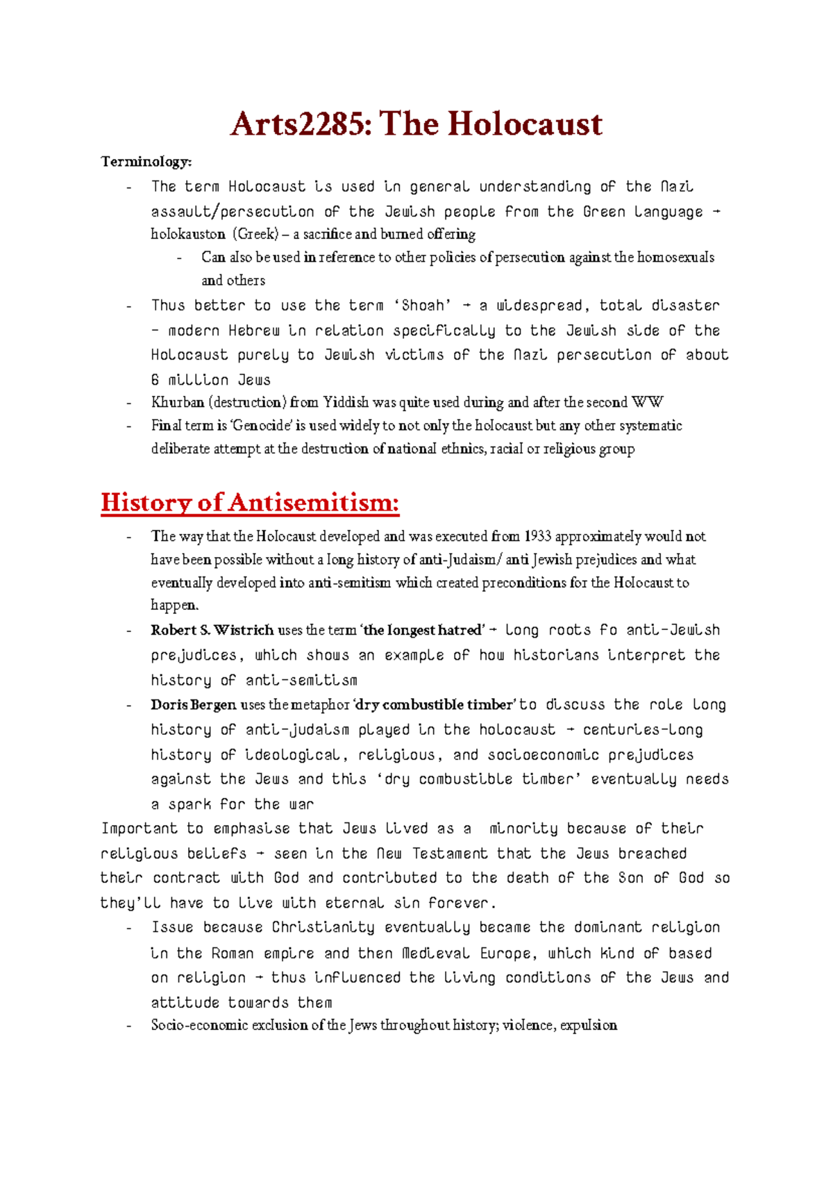 Arts2285: Understanding the Holocaust and Its Historical Context - Studocu