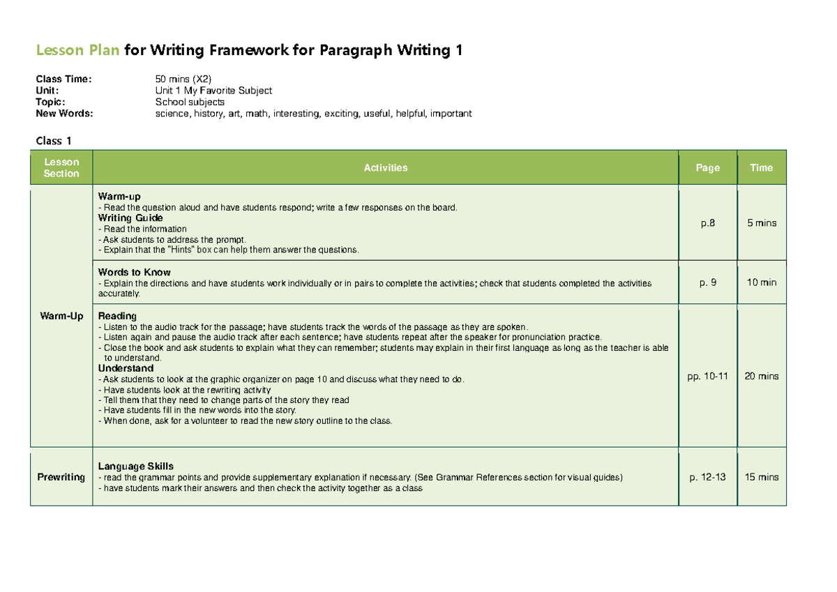 Writing Framework for Paragraph Writing 1: Lesson Plan Overview - Studocu