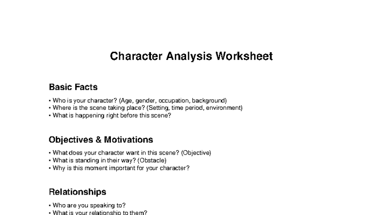 Character Analysis Worksheet: Key Elements & Insights - Studocu