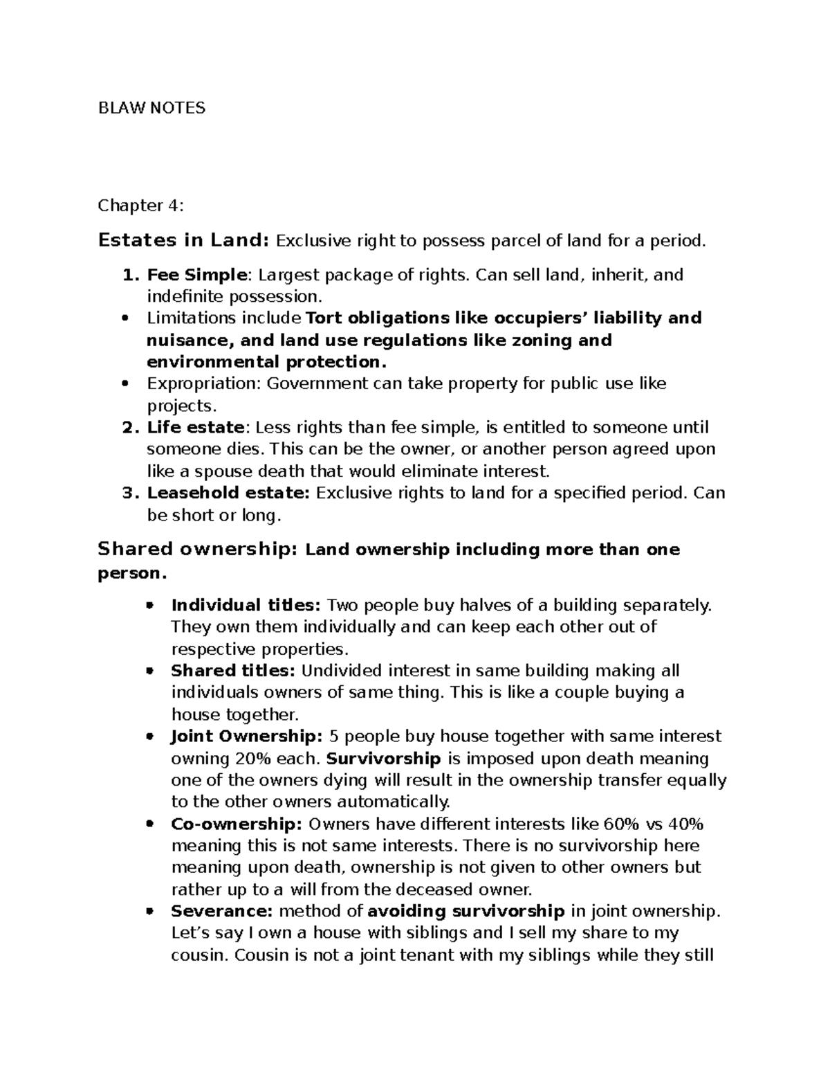 BLAW Notes: Chapter 4 - Estates in Land and Ownership Rights - Studocu