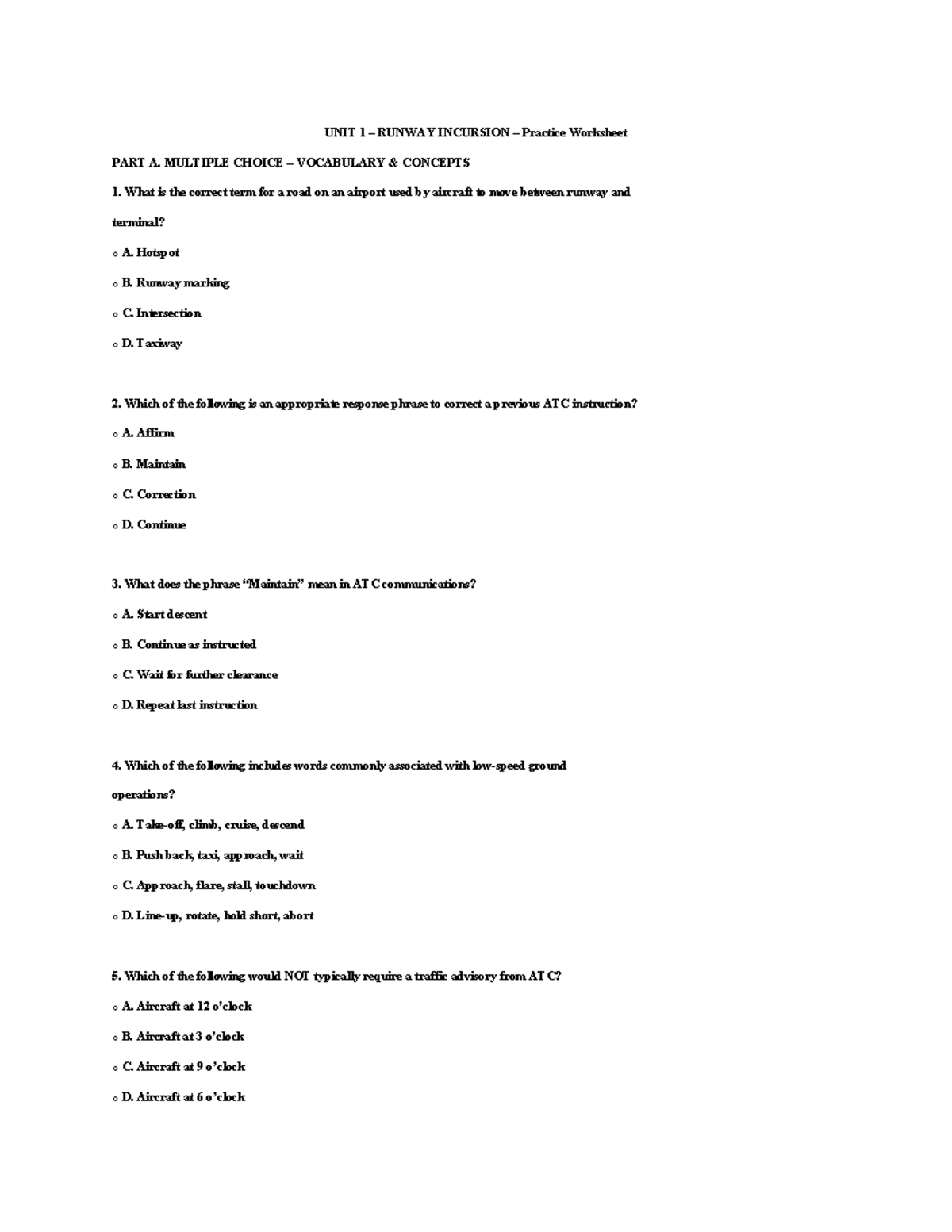 UNIT 1 RUNWAY INCURSION Practice Worksheet - MCQ & Scenarios - Studocu