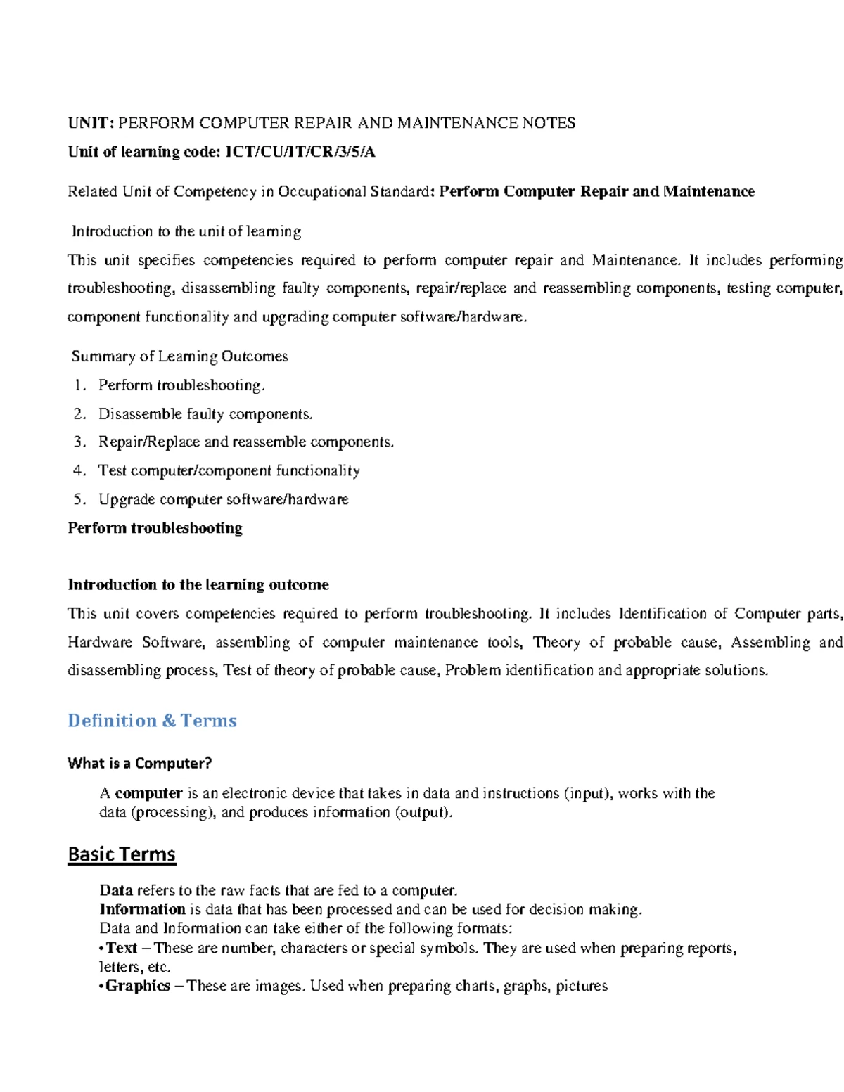 ICT/CU/IT/CR/3/5/A: Computer Repair & Maintenance Study Notes - Studocu
