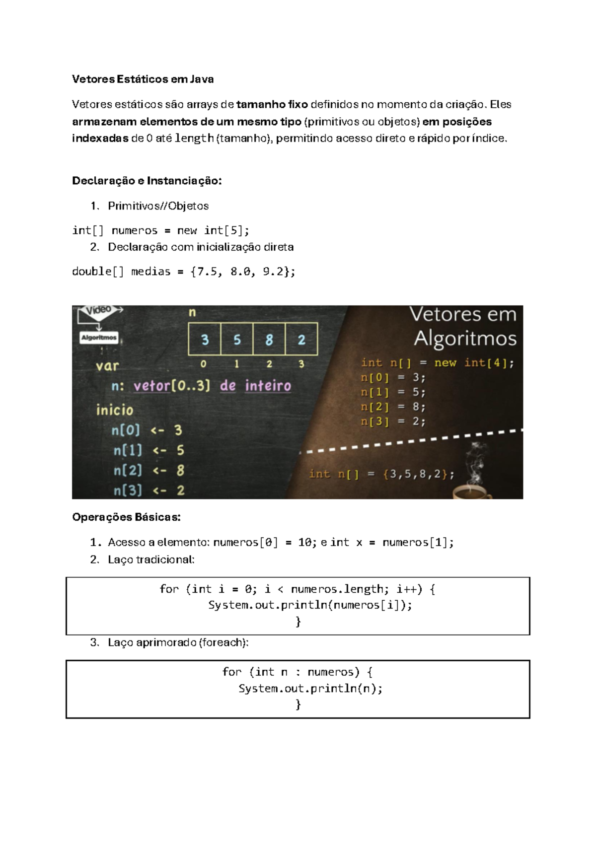 Vetores Estáticos e Dinâmicos em Java - Fundamentos de Java - Studocu