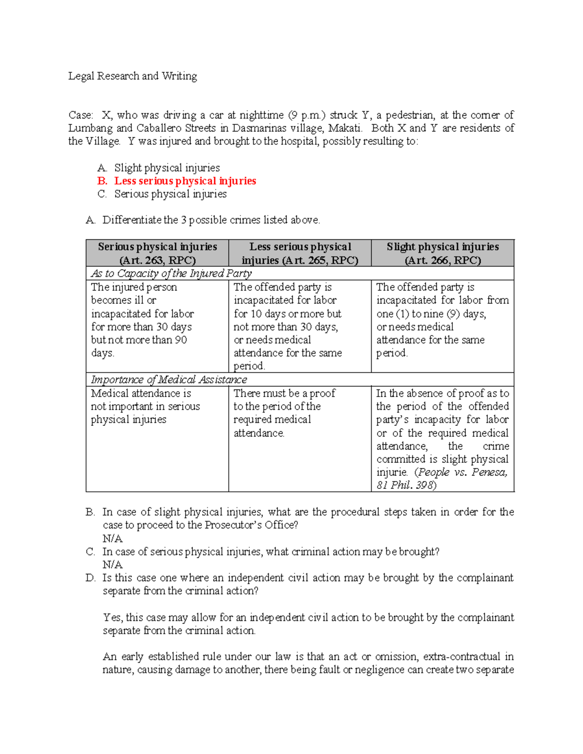 AACC Legal Research & Writing: Case Analysis of X vs. Y's Injuries ...