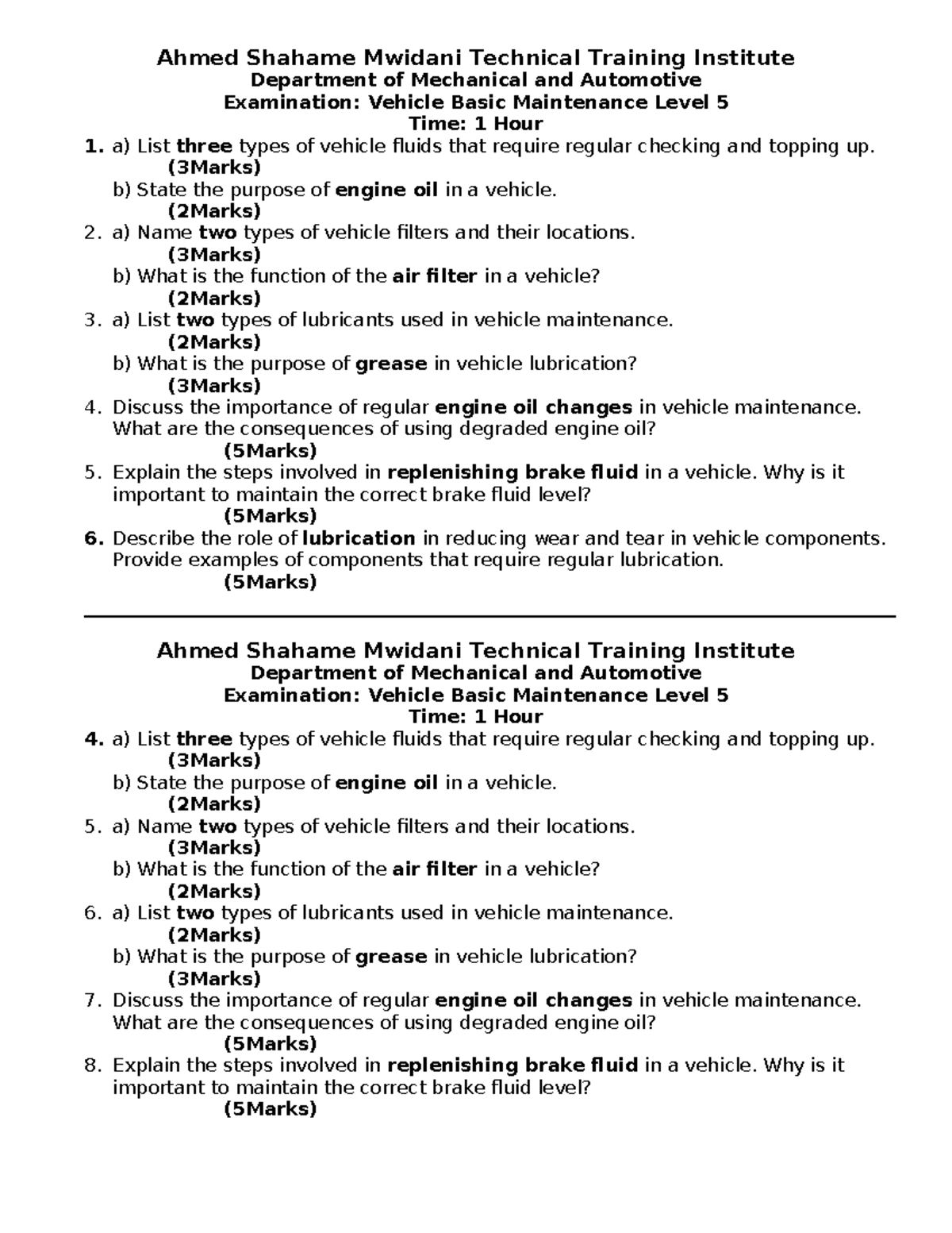 Vehicle Basic Maintenance Exam Level 5 - Ahmed Shahame Mwidani ...