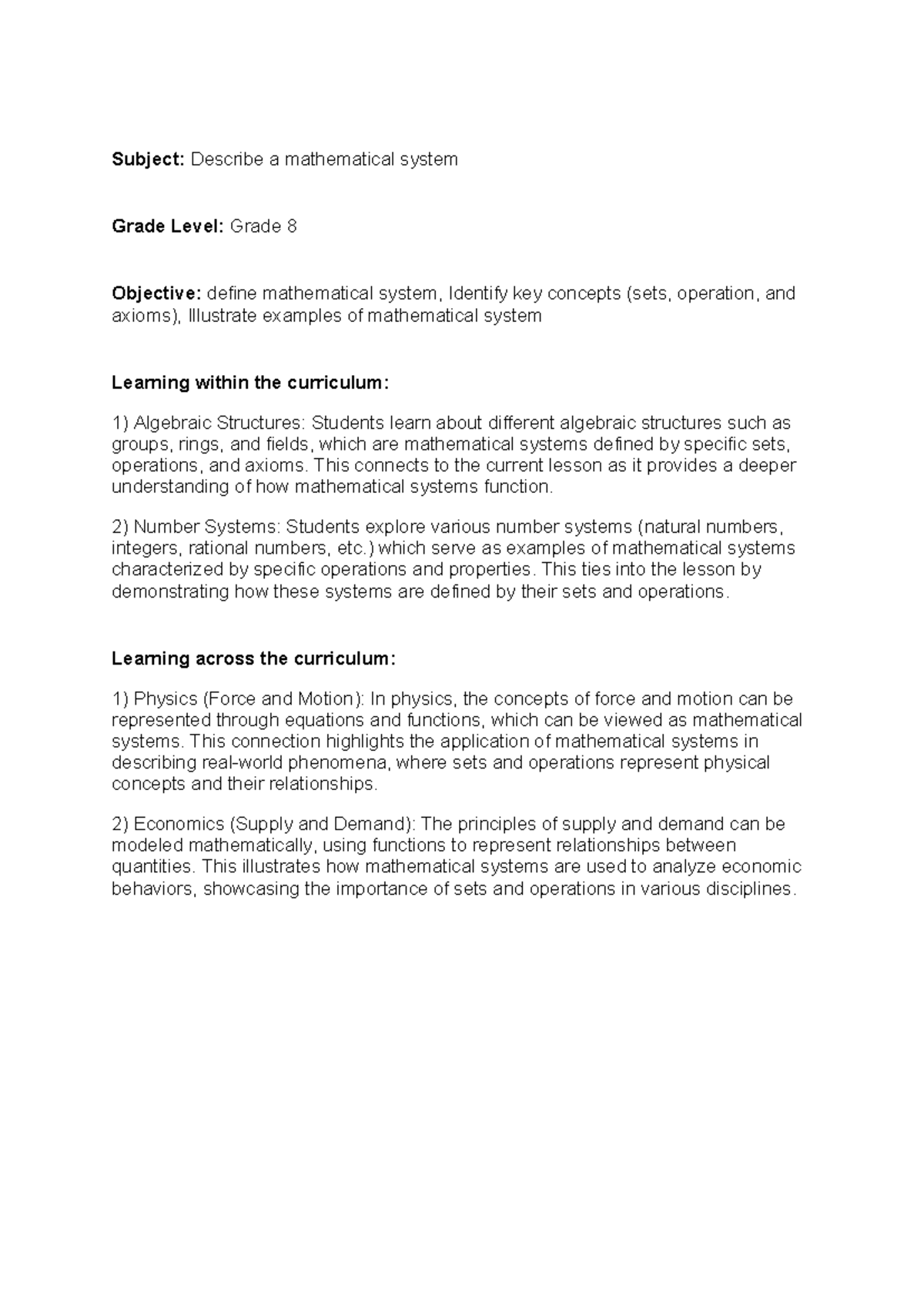Mathematical Systems in Everyday Life: Grade 8 Lesson Plan (MATH 73844 ...