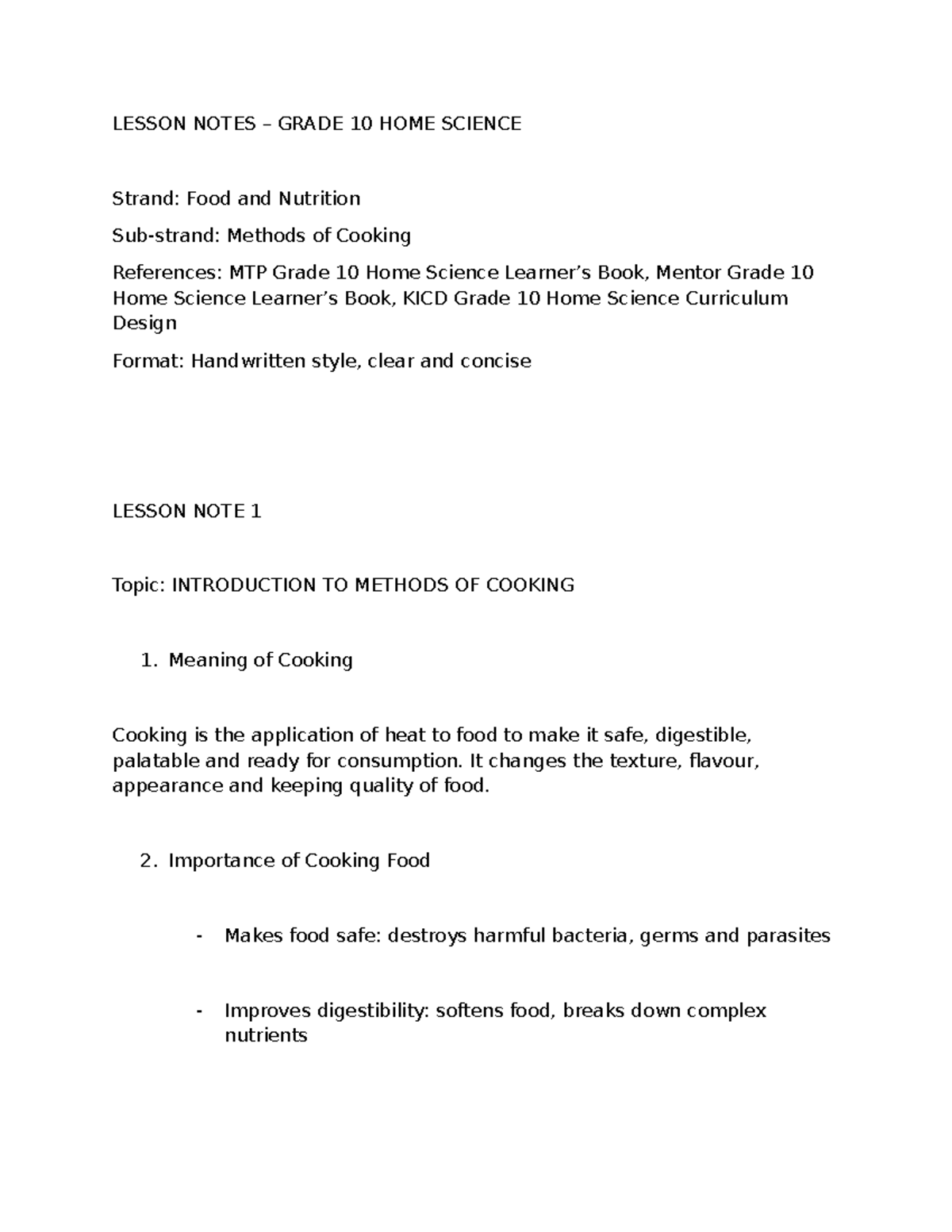 GRADE 10 HOME SCIENCE: LESSON NOTES ON COOKING METHODS - Studocu
