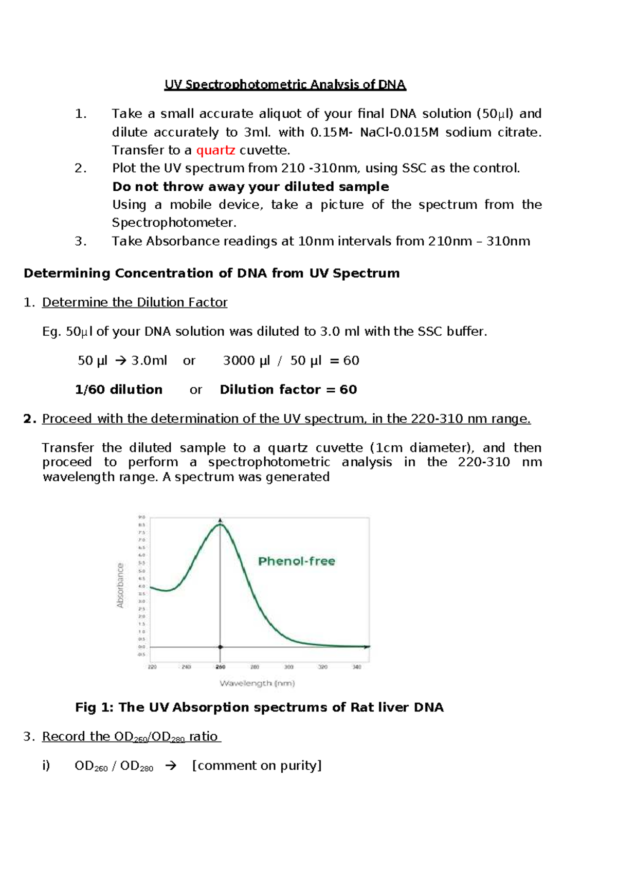 UV Spectrophotometric Analysis of DNA: Calculation Guide (14) - Studocu