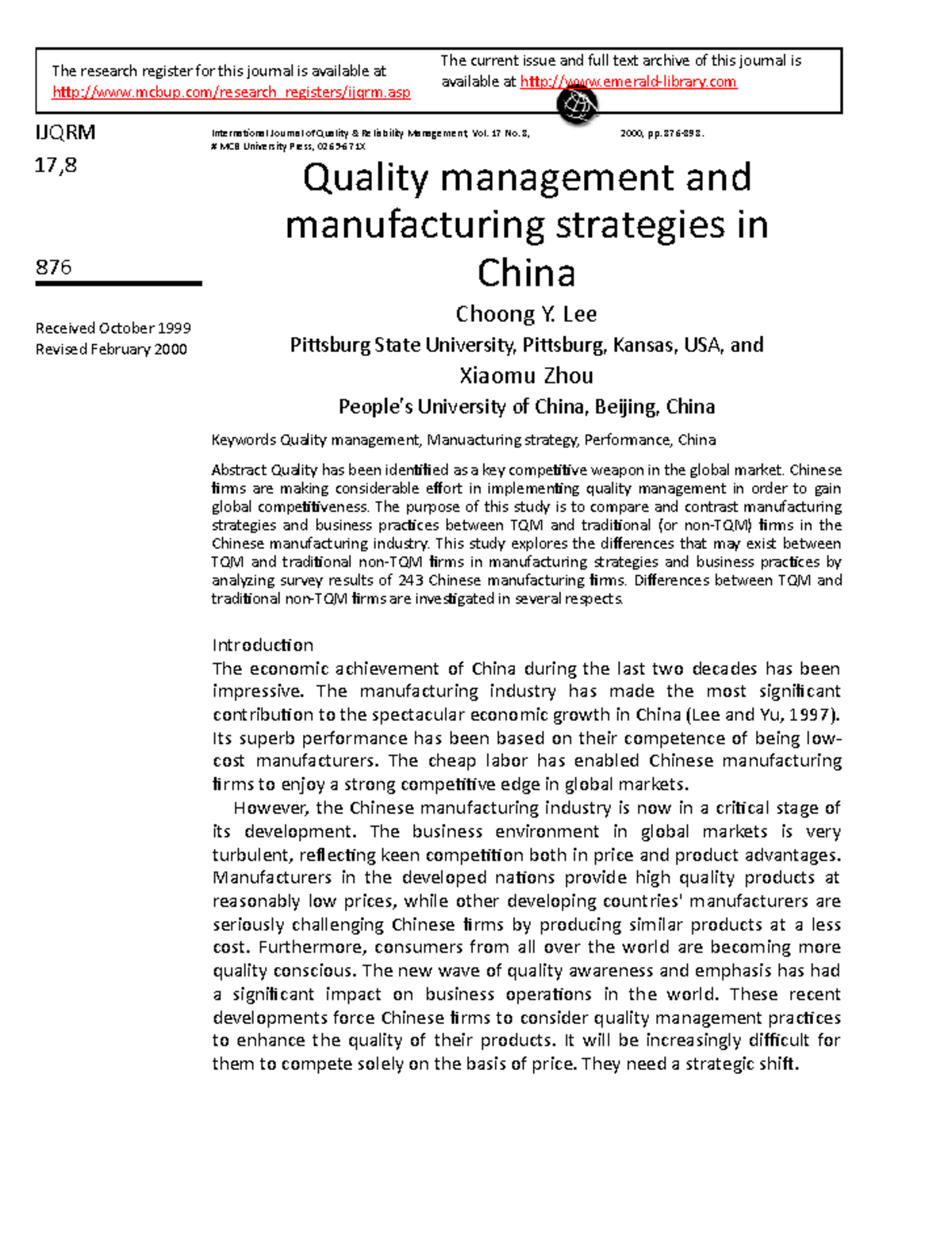 Paper Quality - IJQRM 17, 876 Received October 1999 Revised February ...