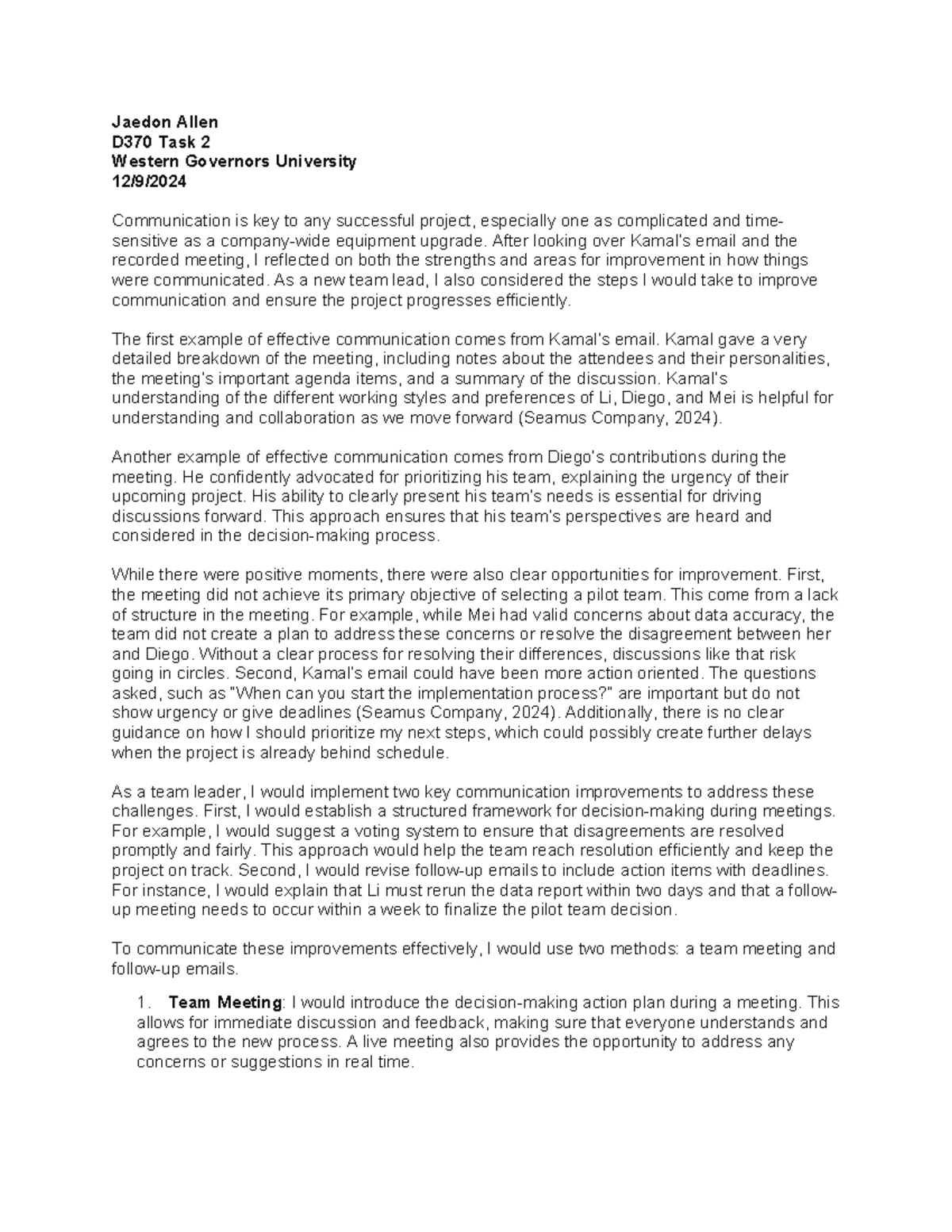 TASK 2 Meeting Analysis D370: Evaluating Team Dynamics and Decision ...