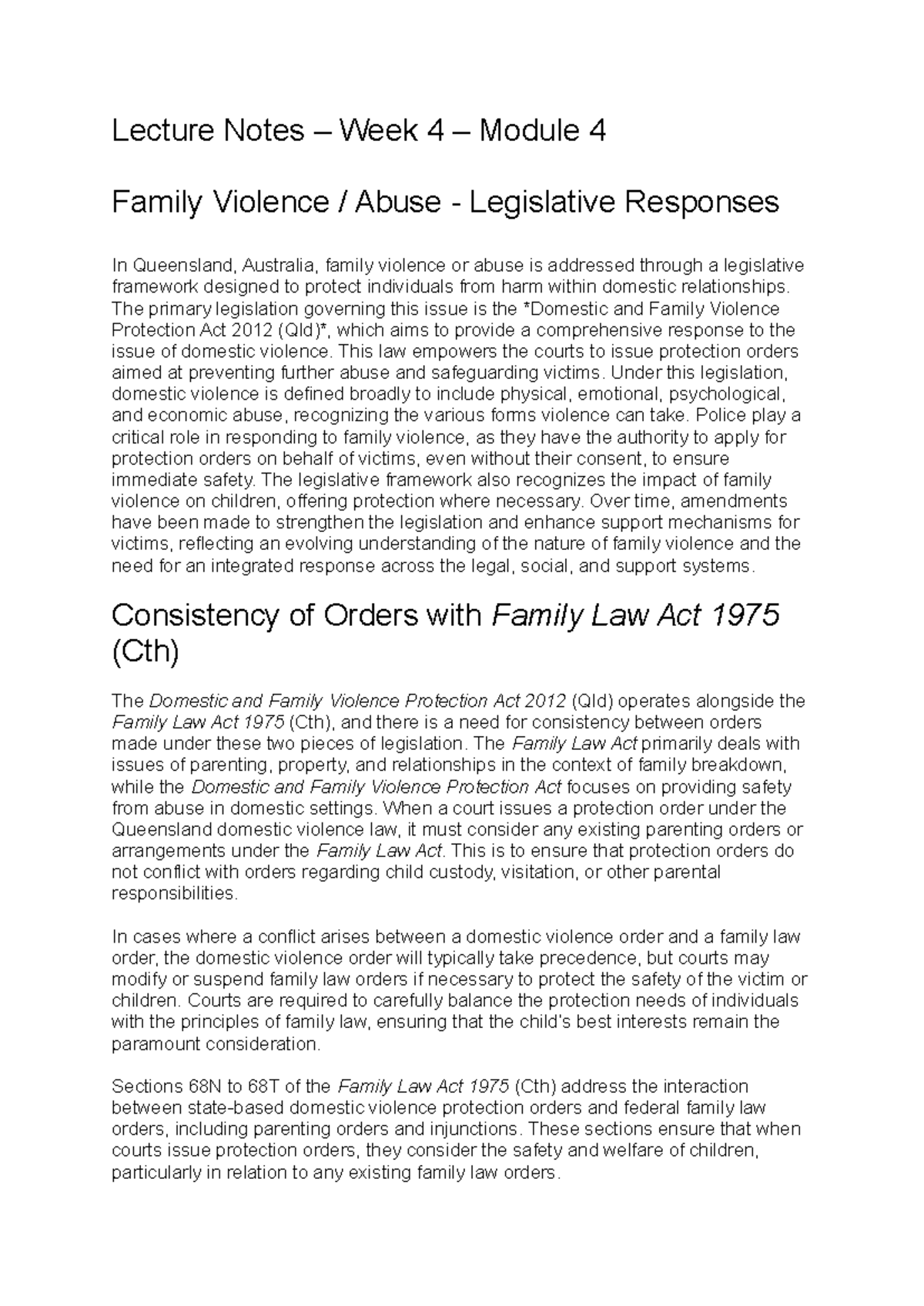 Lecture Notes - Week 4: Family Violence Legislation & Family Law ...