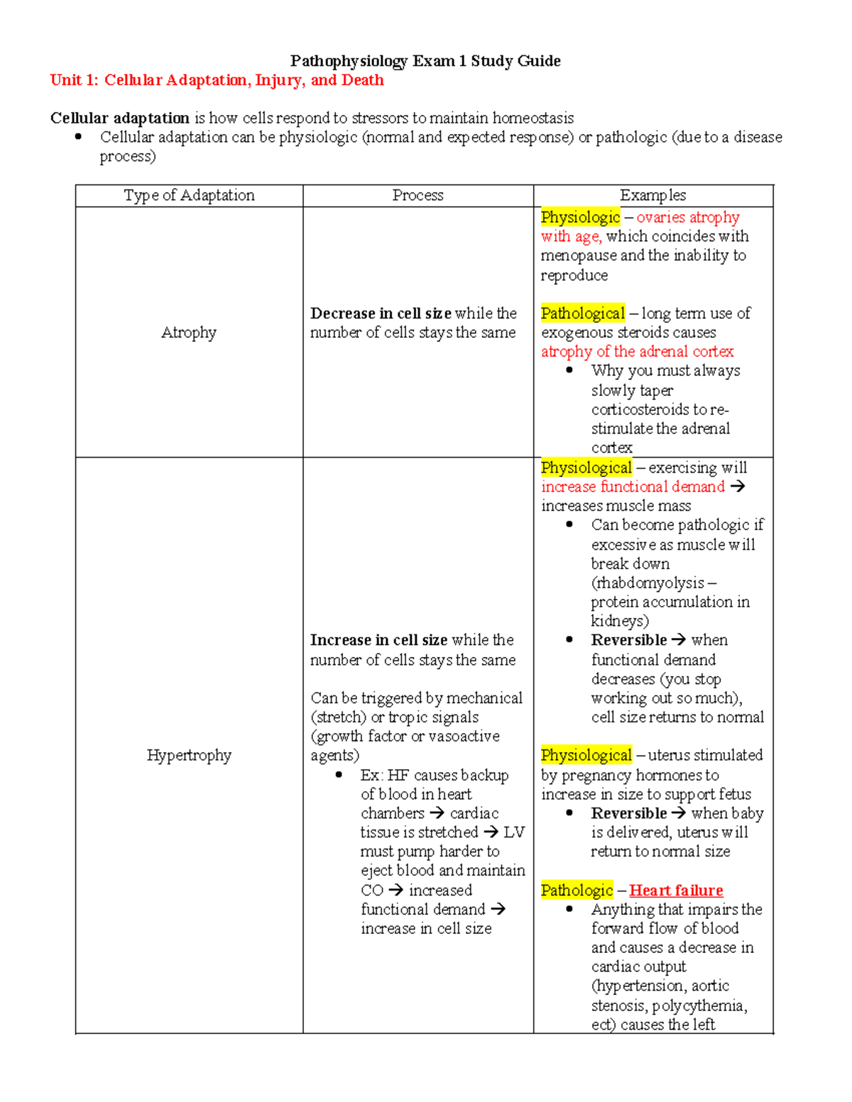 Patho 101: Exam 1 Study Guide on Cellular Adaptation and Injury - Studocu