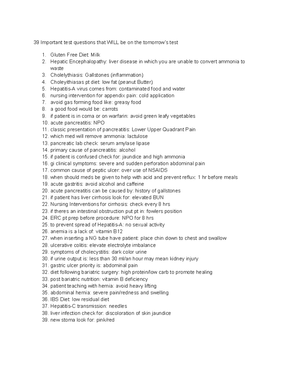 39 Important Test Questions for Nursing Exam - Studocu