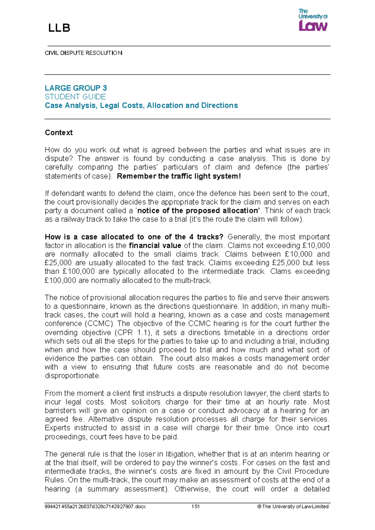 LLB Civil Dispute Resolution LG03 Case Analysis & Costs Management ...