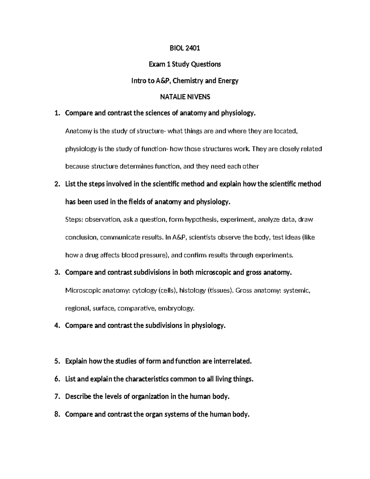 BIOL 2401 Exam 1 Study Questions: Intro to A&P, Chemistry & Energy ...