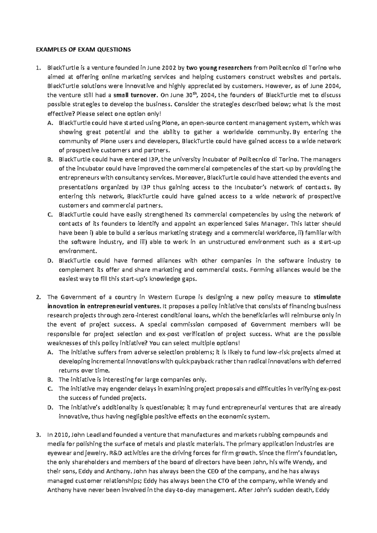EXAMPLES OF EXAM QUESTIONS FOR COURSE 14 - Studocu