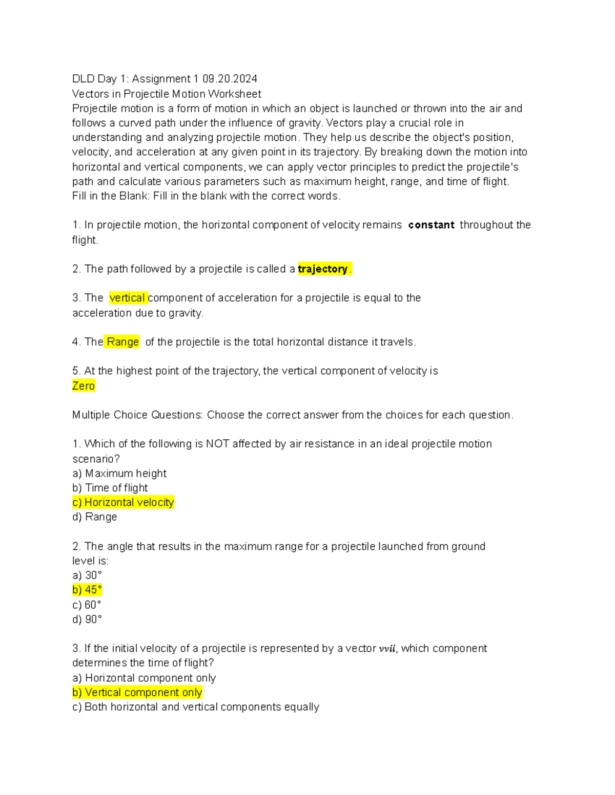 DLD Day 1 Assignment 1: Vectors in Projectile Motion Worksheet - Studocu