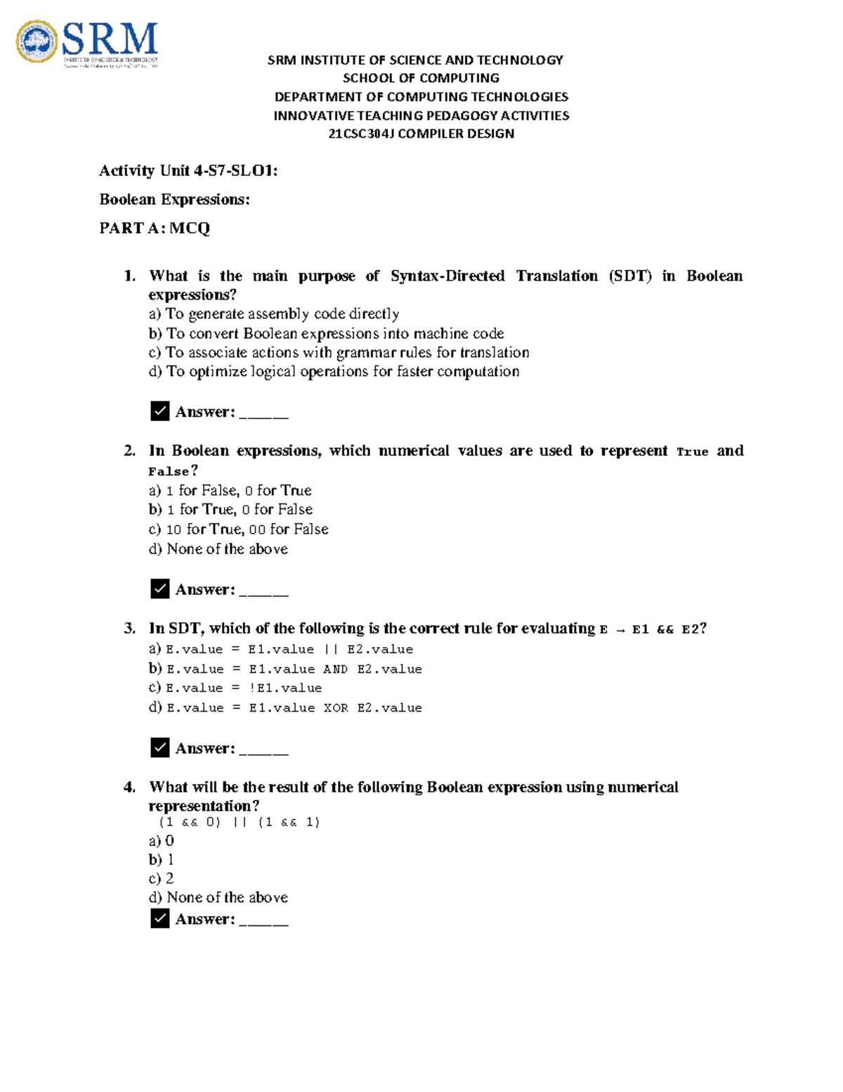 21CSC304J Compiler Design: Boolean Expressions MCQ Practice - Studocu