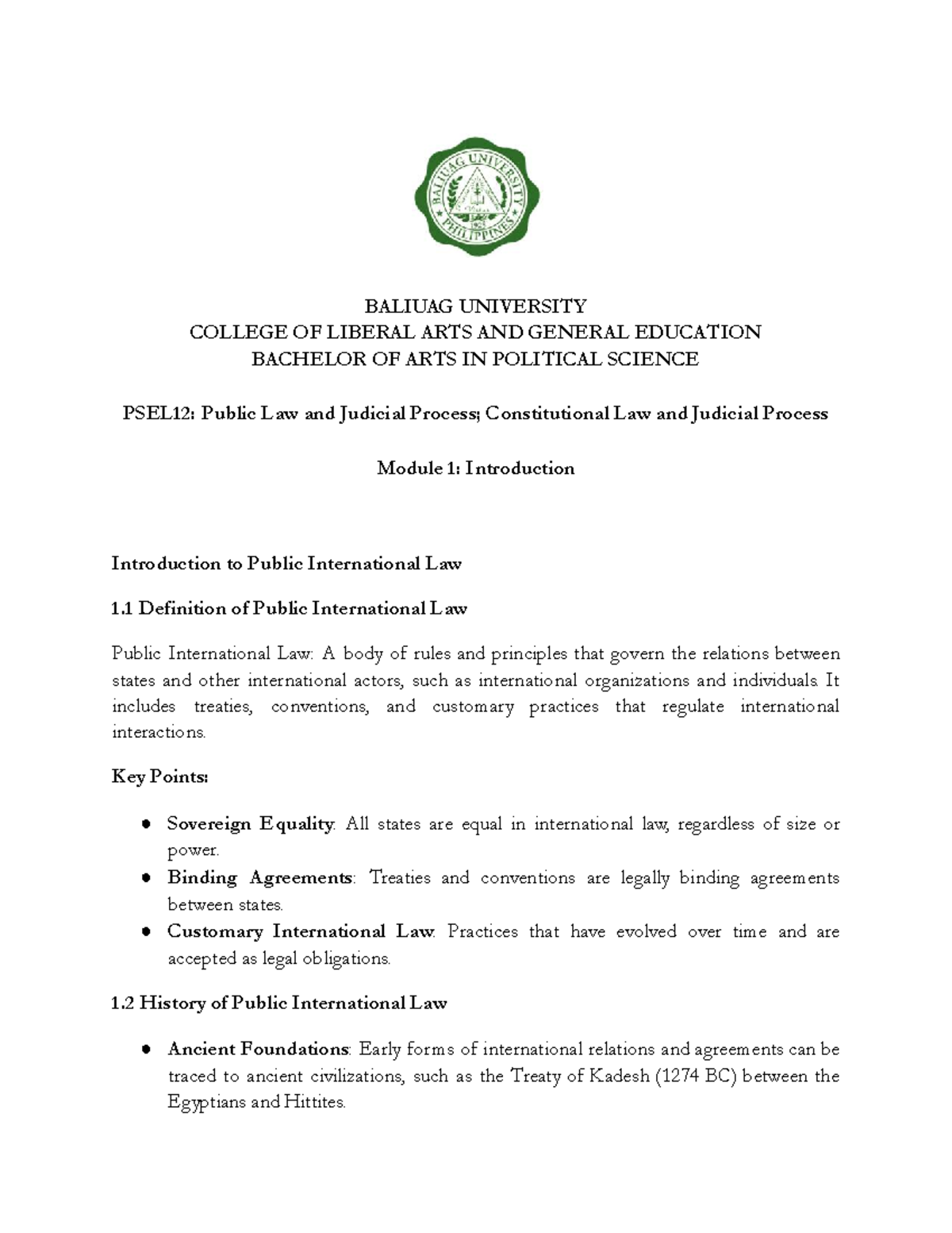 PSEL12: Module 1 - Introduction to Public International Law Notes - Studocu